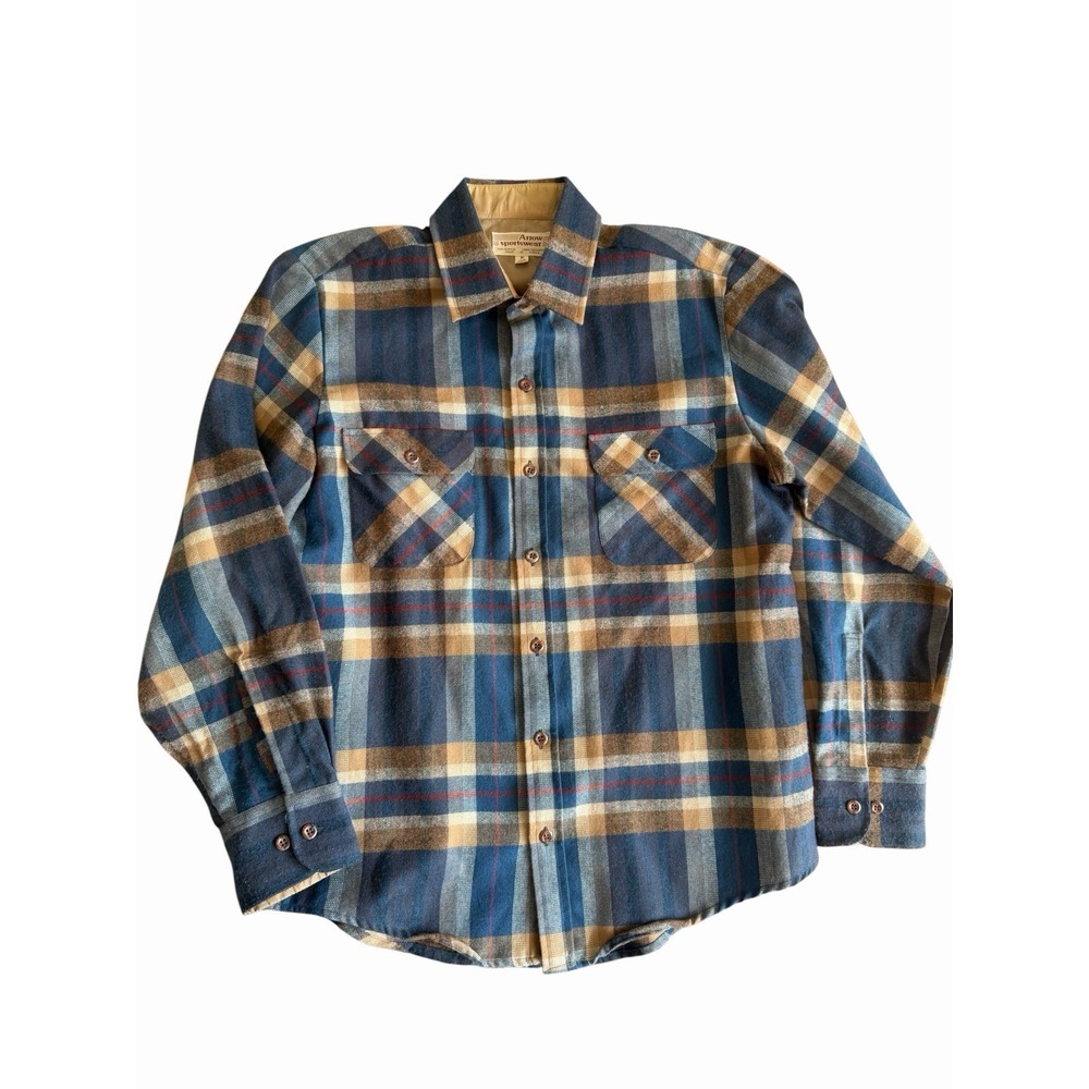 VINTAGE 60s Arrow Plaid Button Up Wool Blend Flannel Shirt Size Medium